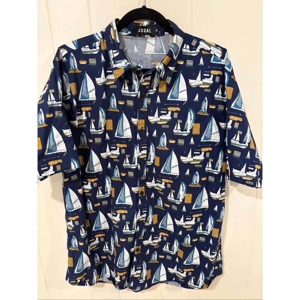Jogal Mens Shirt, size XL, Sailboat Print, Short Sleeves, Nautical, Sailing, Bea